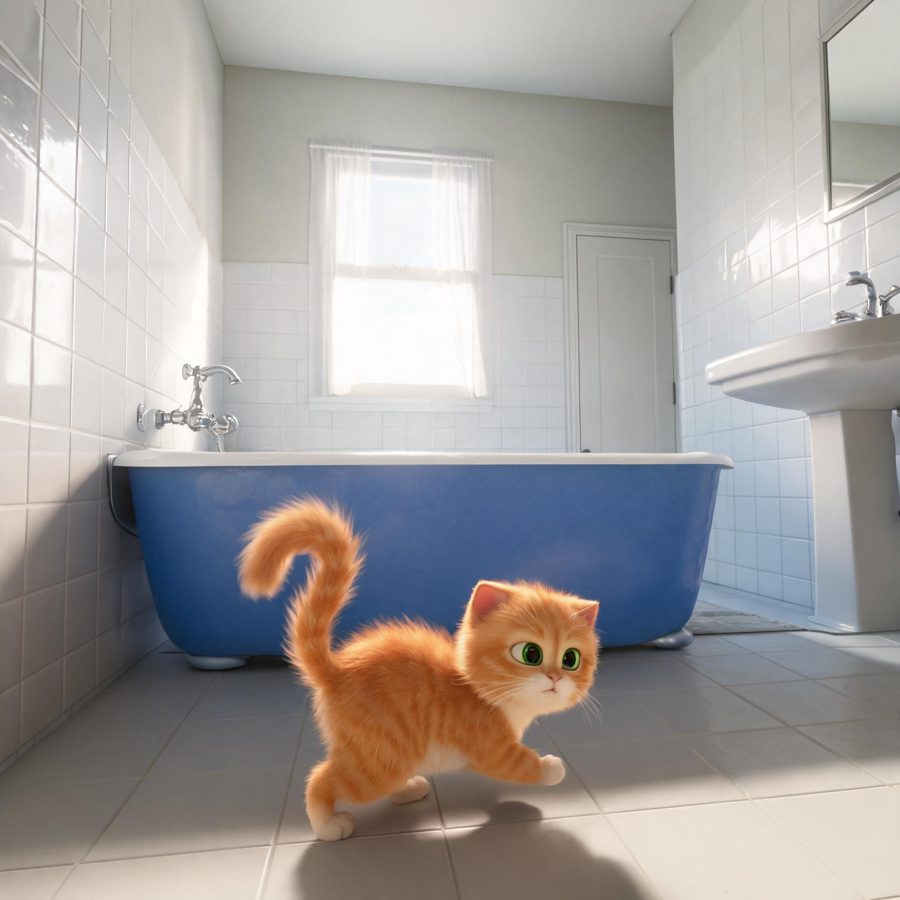 Sample storybook page: Milo the kitten in the bathroom