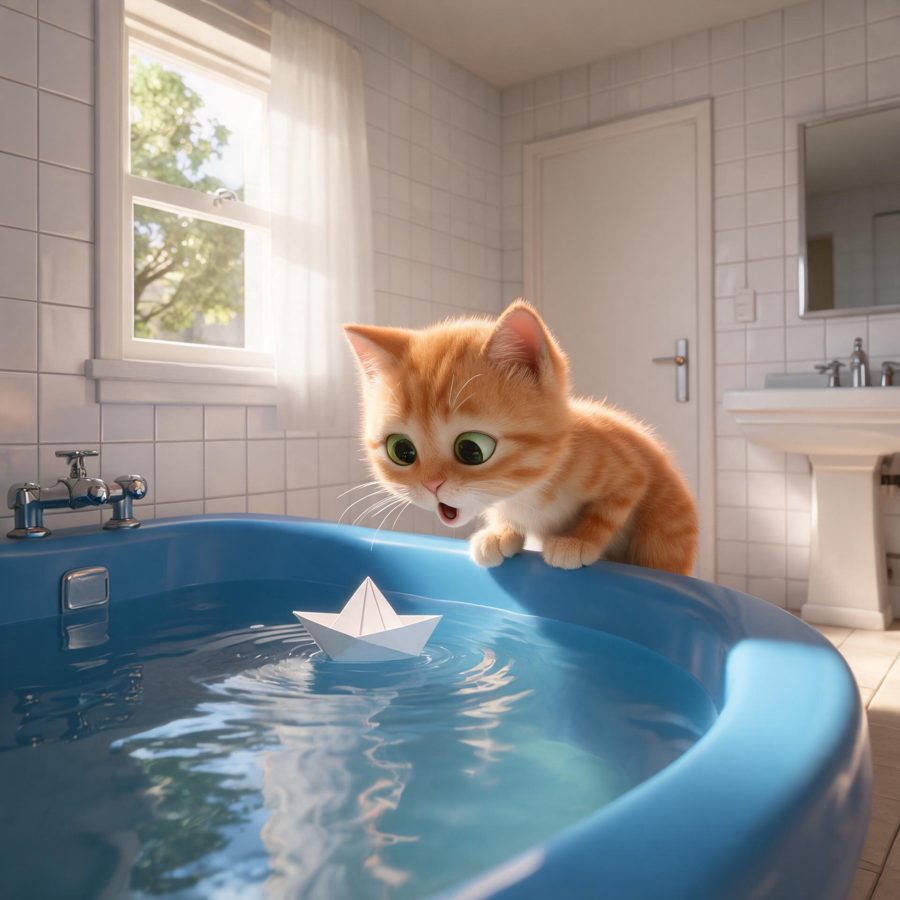 Sample storybook page: Milo watches a paper boat in the bathtub