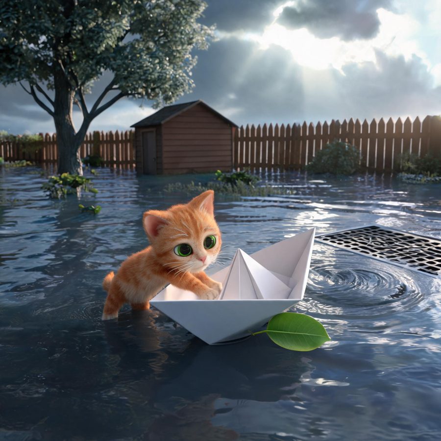 Sample storybook page: Milo sails the flooded garden