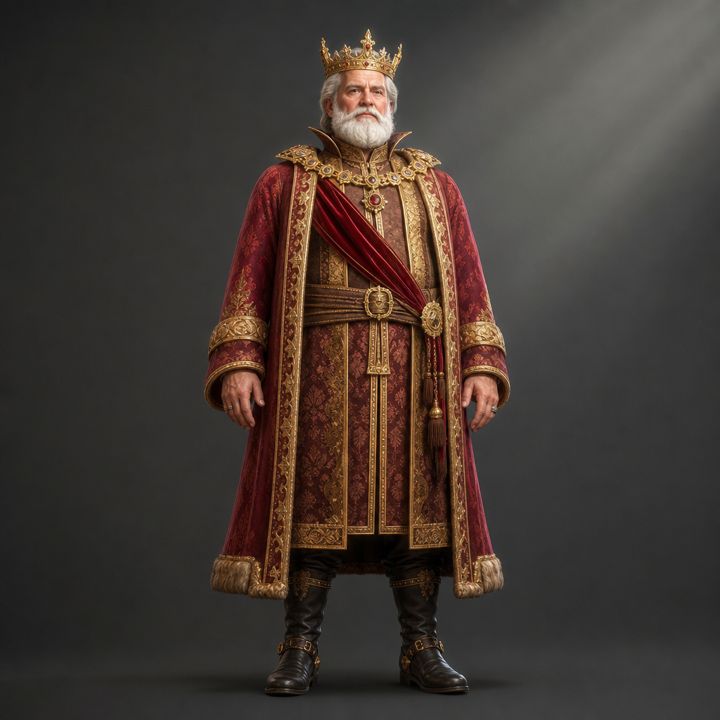 Reference design for the king: white hair and beard, gold crown, red and gold robe