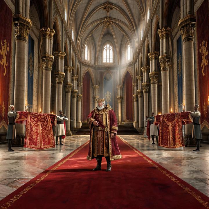 Page 1: the king in his red robe stands in a great palace hall