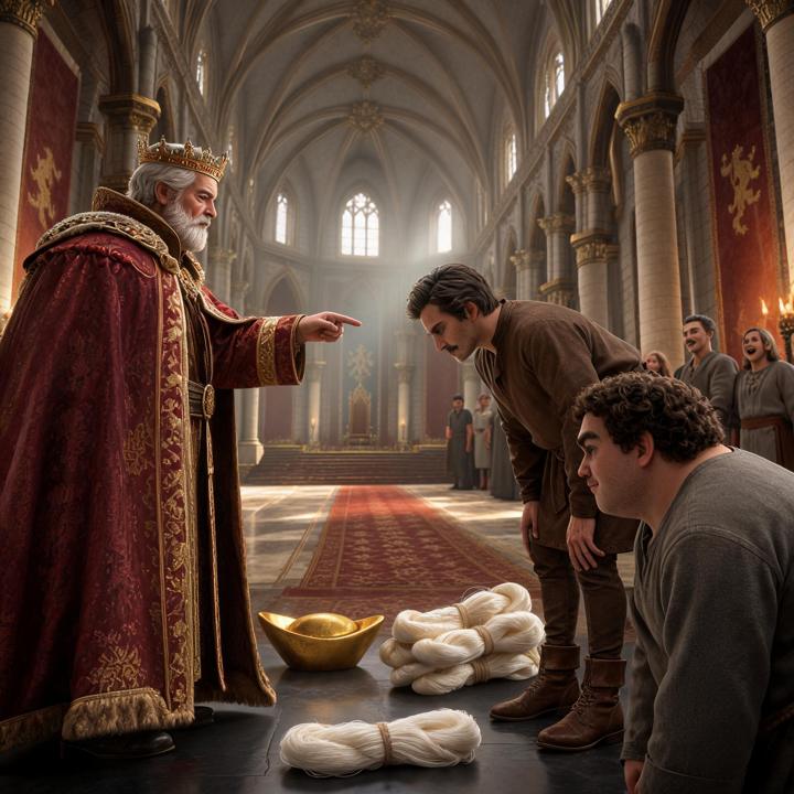 Page 3: the king points at two swindlers kneeling beside gold and silk