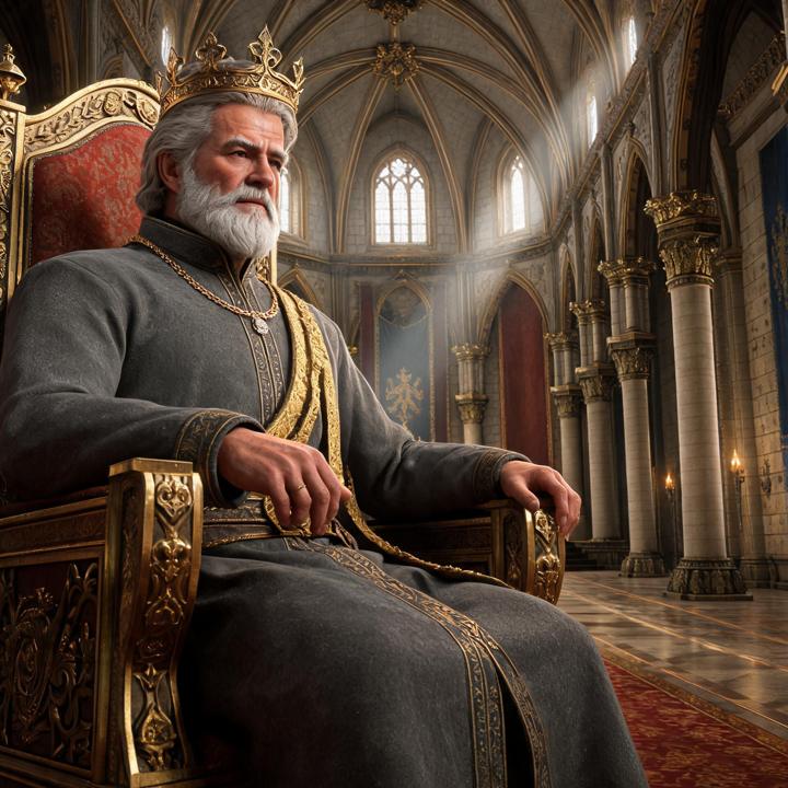 Page 12: the same king, now in a plain grey robe, seated on his throne