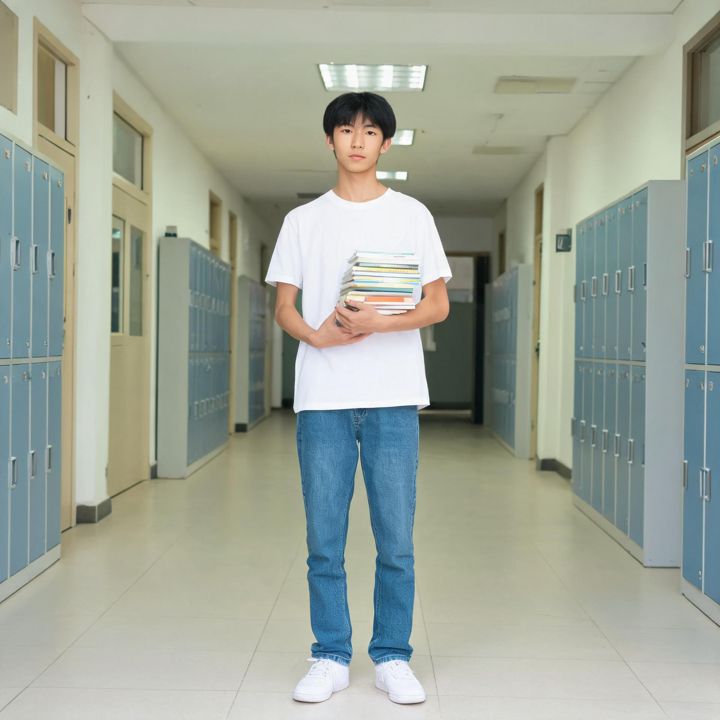 Reference design for Mike, a slim teenage boy with short black hair, white T-shirt and jeans, holding books in a school corridor