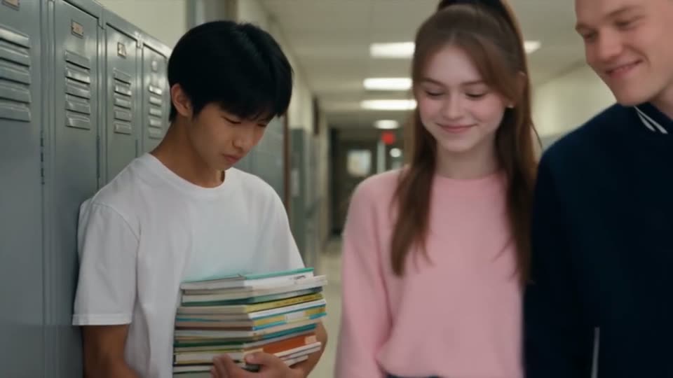 Clip 1: Mike, Bella in a pink sweater, and the quarterback in the school corridor