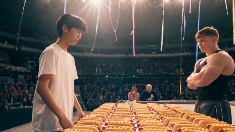 Clip 6: Mike faces a muscular rival across a table of hot dogs in an arena