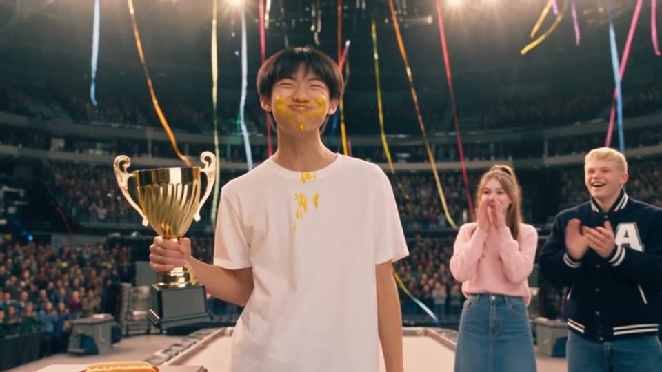 Clip 10: Mike holds a trophy on the podium while Bella and the quarterback applaud